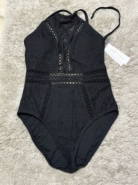 Salt + Cove Black Crochet Halter One-Piece Swimsuit